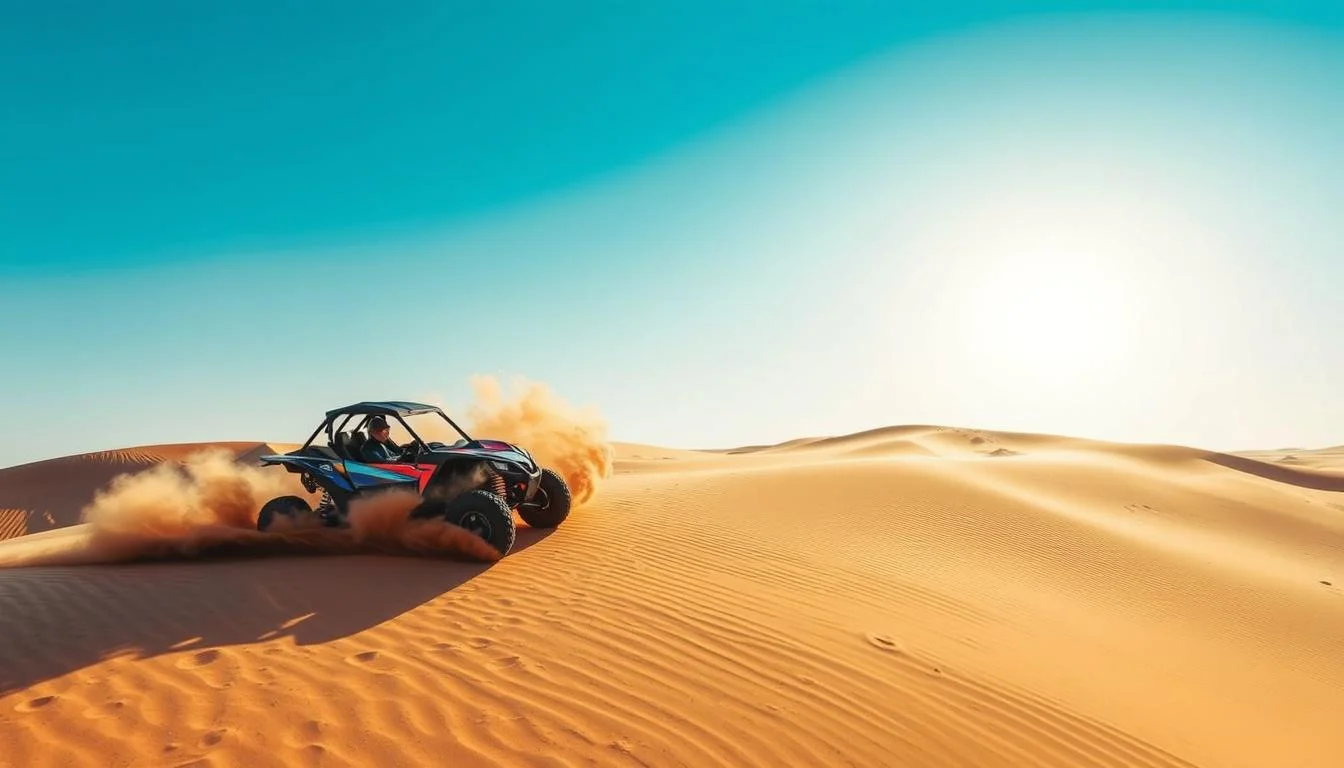 Tourists riding dune buggies across red Dubai dunes at sunset, kicking up sand and enjoying the exhilarating desert adventure