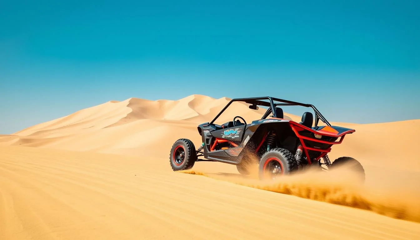 Tourists driving dune buggies across the vast golden Arabian Desert dunes under a clear blue sky in Dubai