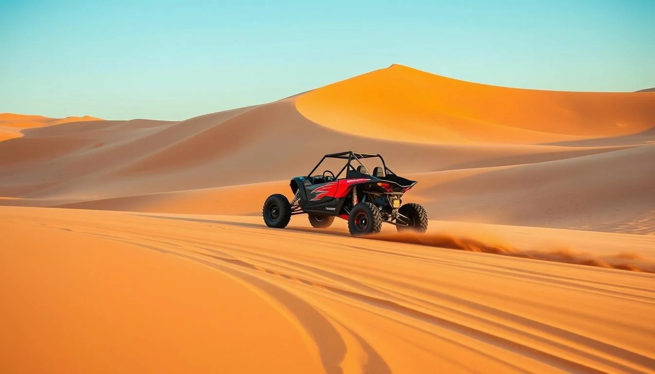 Tourists in protective gear riding dune buggies across the vast, sun-kissed dunes of the UAE desert, kicking up sand