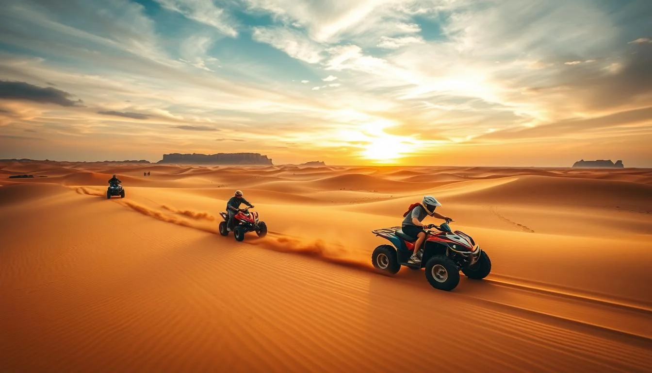 Tourists riding quad bikes across the golden sand dunes of the Dubai desert under a clear blue sky