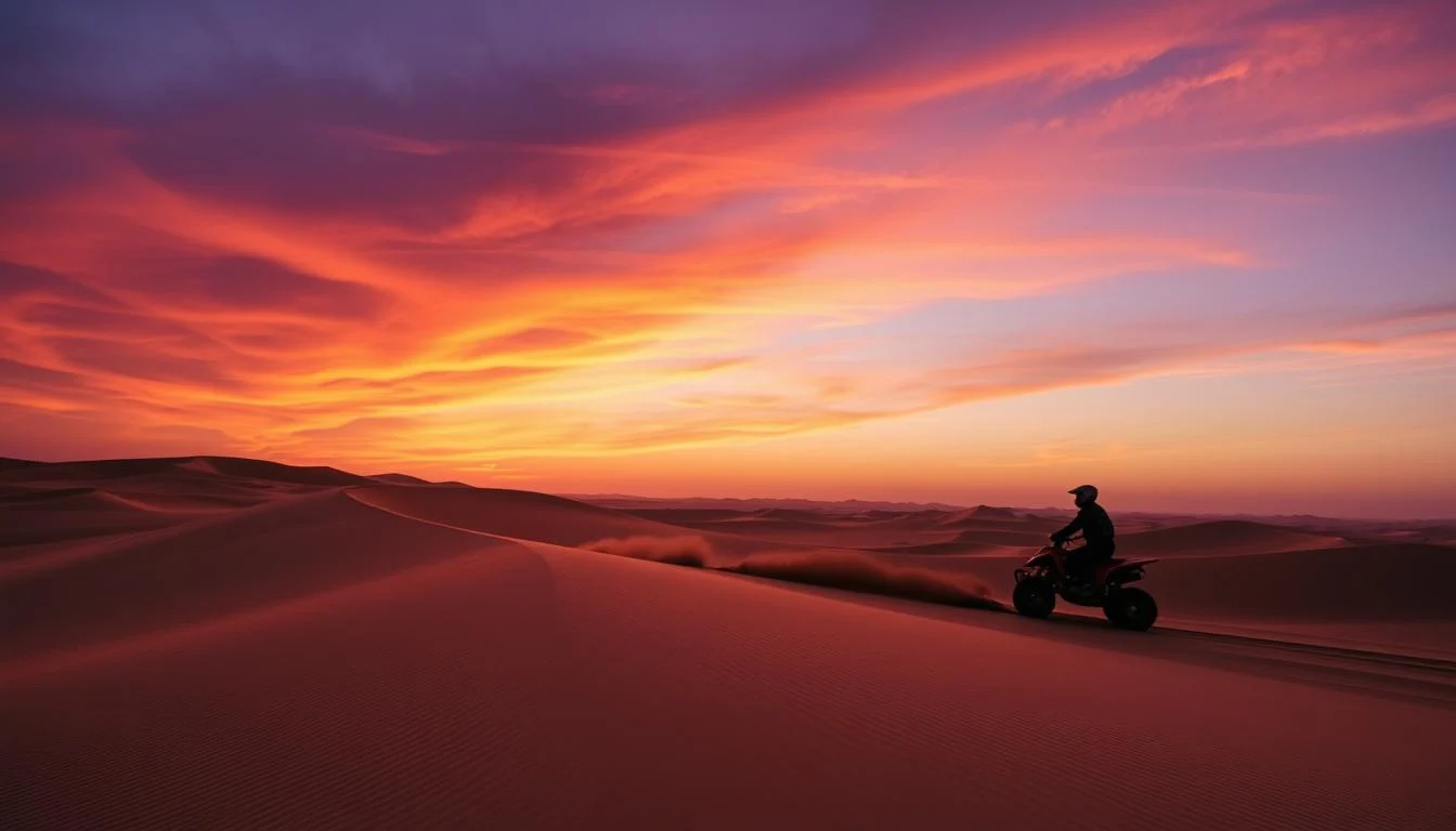 Tourists riding quad bikes across golden Dubai desert dunes at sunset, with the sky painted in orange and pink hues