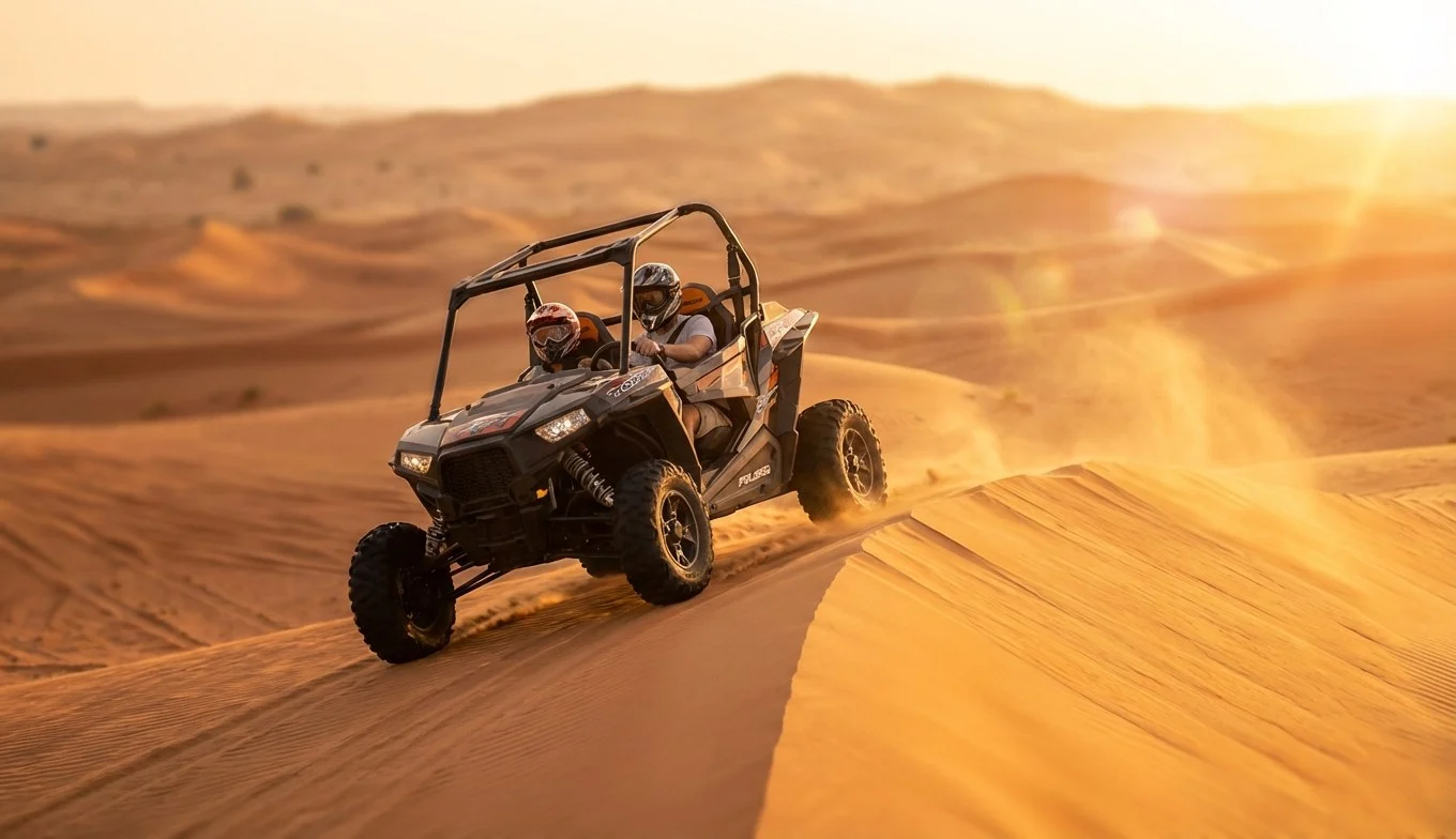 Tourists riding dune buggies across red Dubai dunes at sunset, with a clear sky and distant desert landscape
