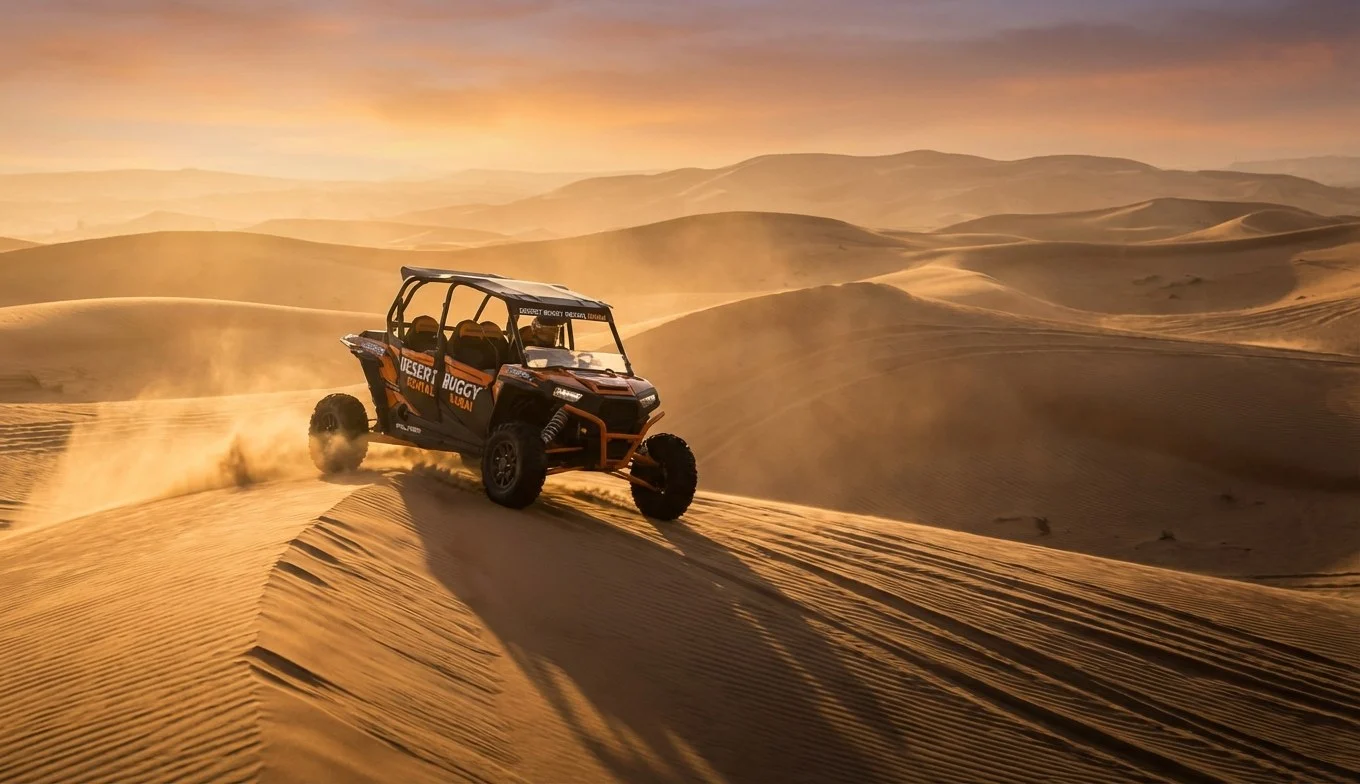 Tourists driving dune buggies across the golden sands of Al Khatim desert near Abu Dhabi, with a clear blue sky overhead