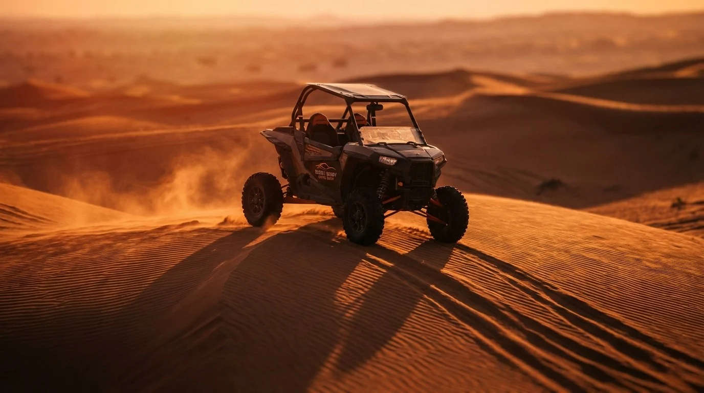 Tourists riding dune buggies across red Dubai dunes at sunset, with a golden glow illuminating the desert landscape
