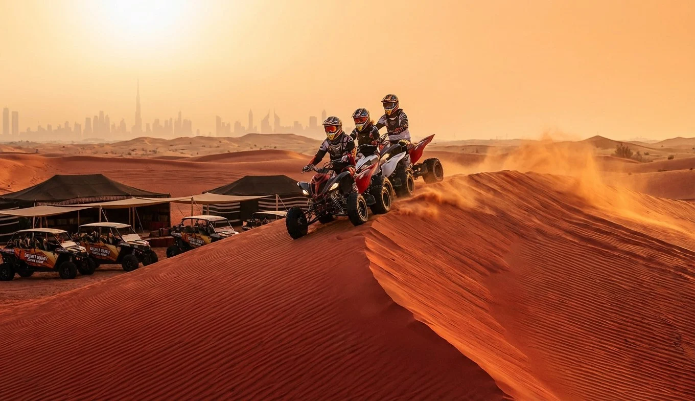 Tourists riding quad bikes across the Lahbab Red Dunes in Dubai at sunset, following a guide on a desert adventure
