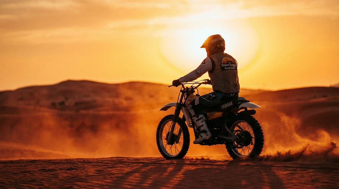 Dirt bike riders navigating deep red sand dunes in the Dubai desert, kicking up sand as they maintain speed and balance