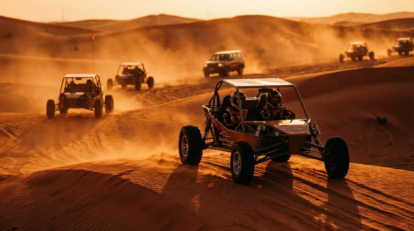Tourists riding dune buggies across red Dubai dunes at sunset, with a lead guide showing the way for a family-friendly adventure.