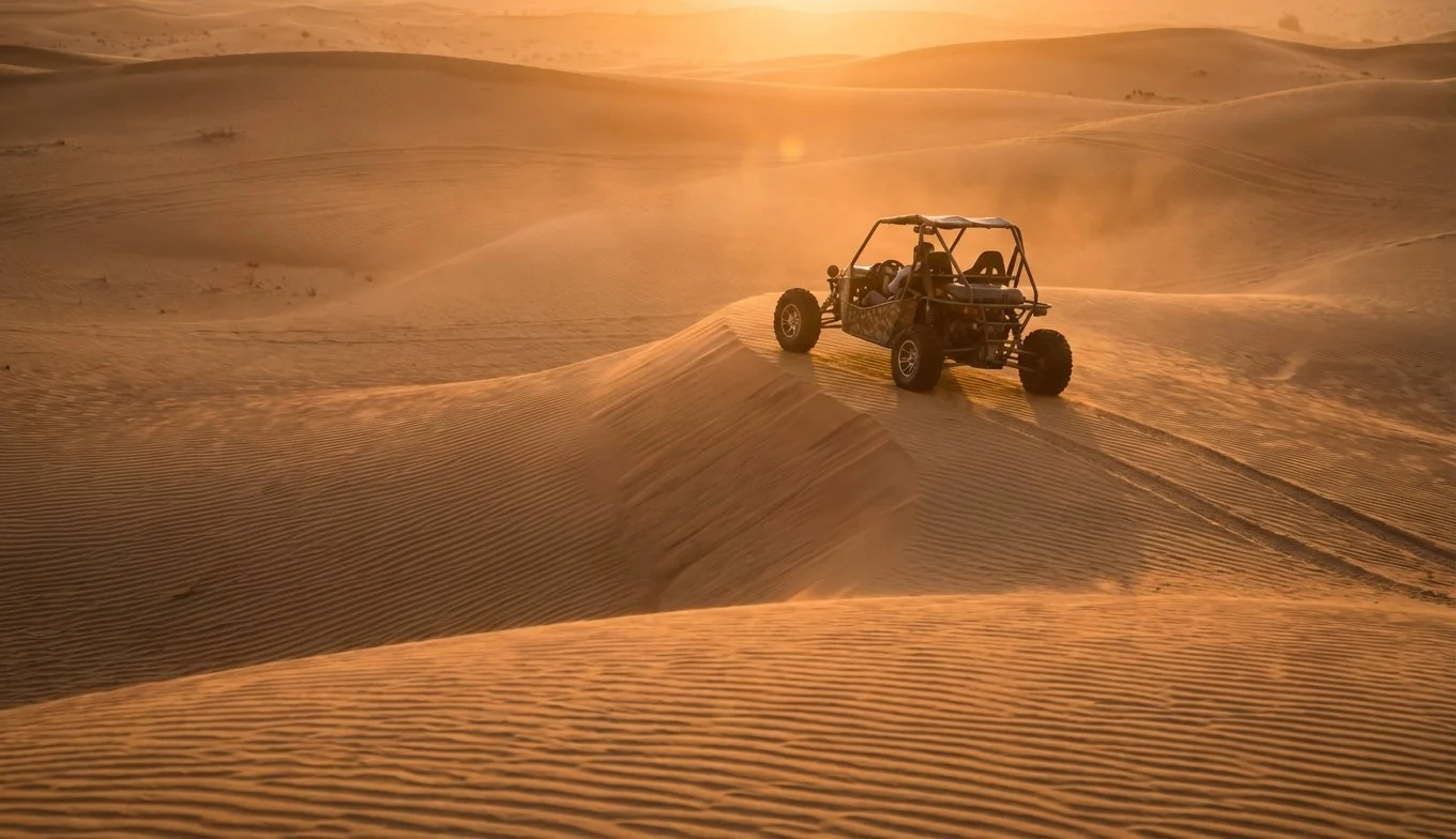 Tourists riding dune buggies across red Dubai dunes at sunset near Lahbab and Al Marmoom, enjoying a thrilling desert adventure.