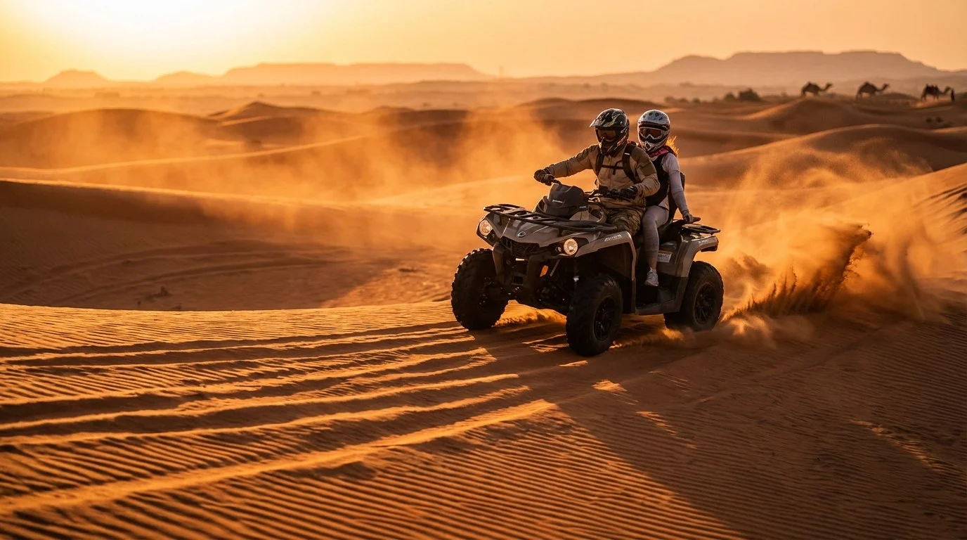 Tourists riding quad bikes across the red Lahbab desert dunes at sunset, with a clear sky and distant mountains