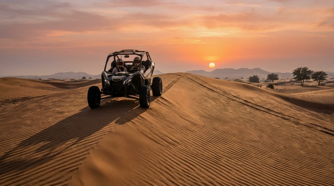 Tourists riding dune buggies across the golden sands of Al Khatim desert in Abu Dhabi during a 2026 winter morning adventure
