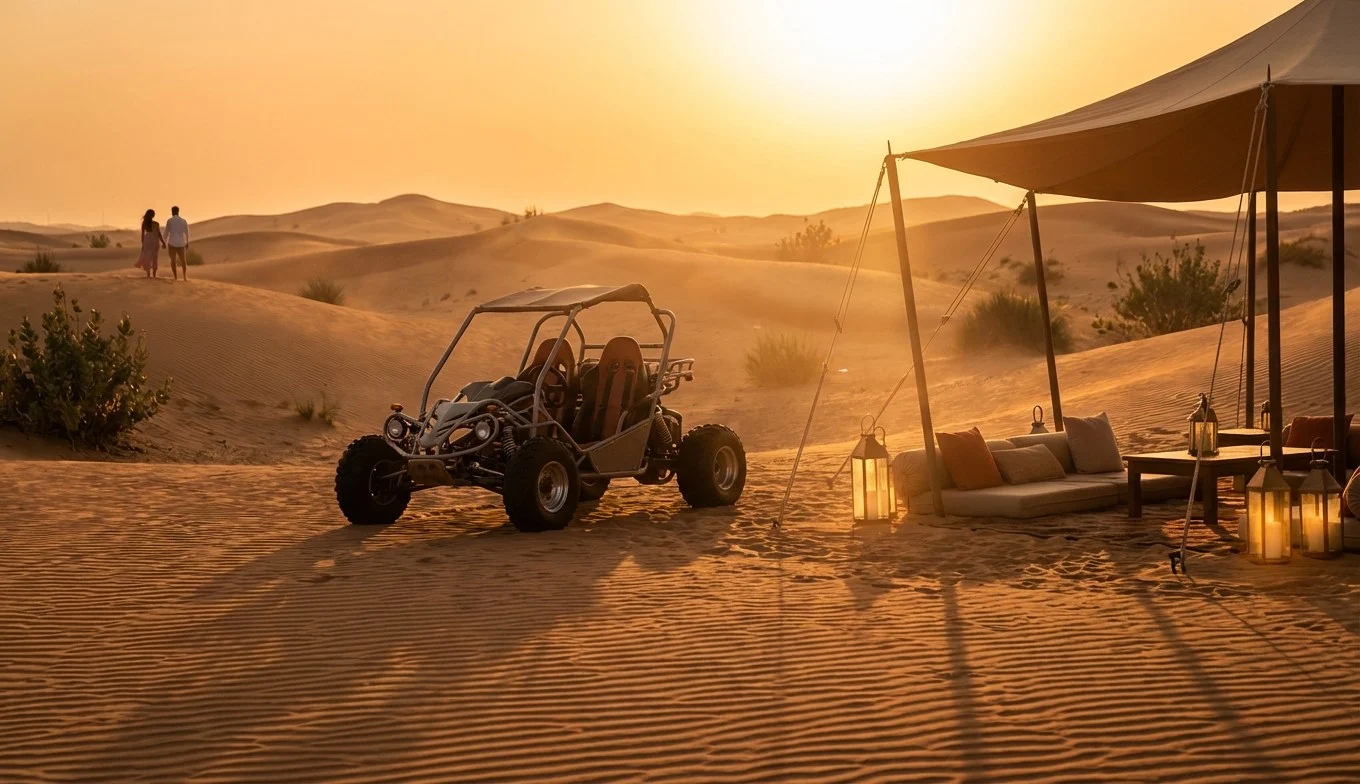 Families enjoying an evening desert safari in Sharjah, with children and adults watching a sunset over the dunes