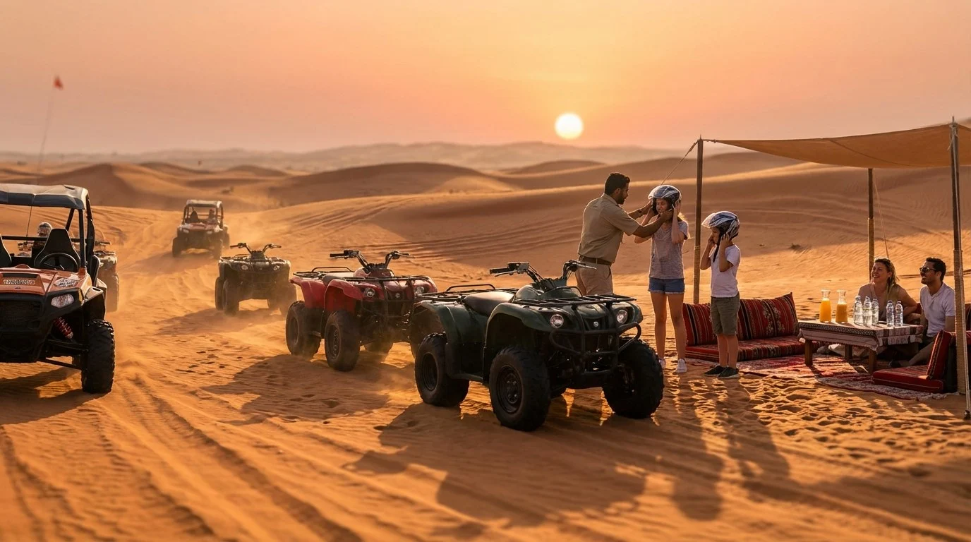 Tourists riding quad bikes across the red Lahbab dunes at sunset in Dubai, enjoying a guided desert adventure.