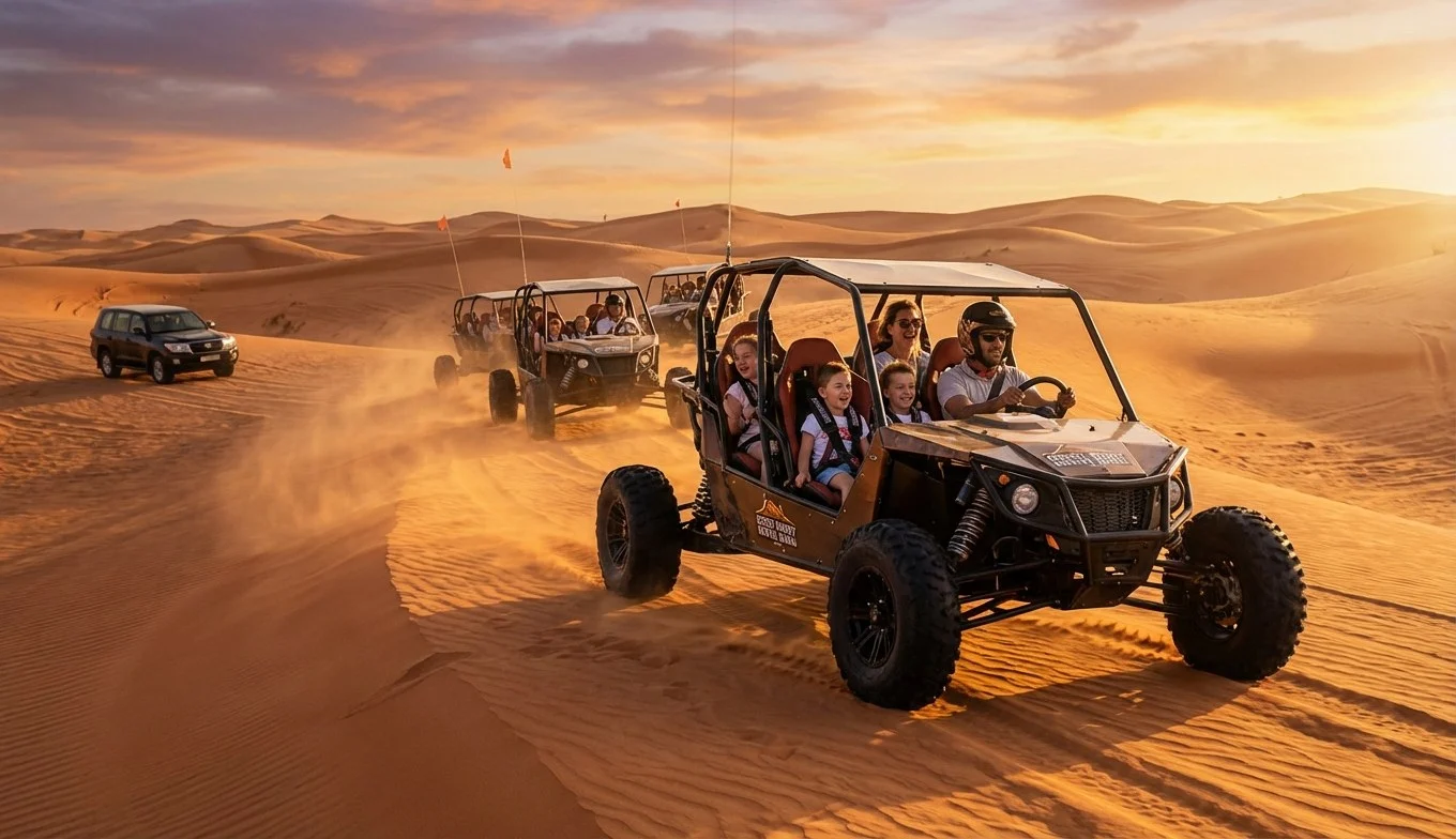 Tourists driving multi-seat dune buggies in a convoy across the Lahbab Red Dunes near Sharjah at sunset, with a support vehicle in the background