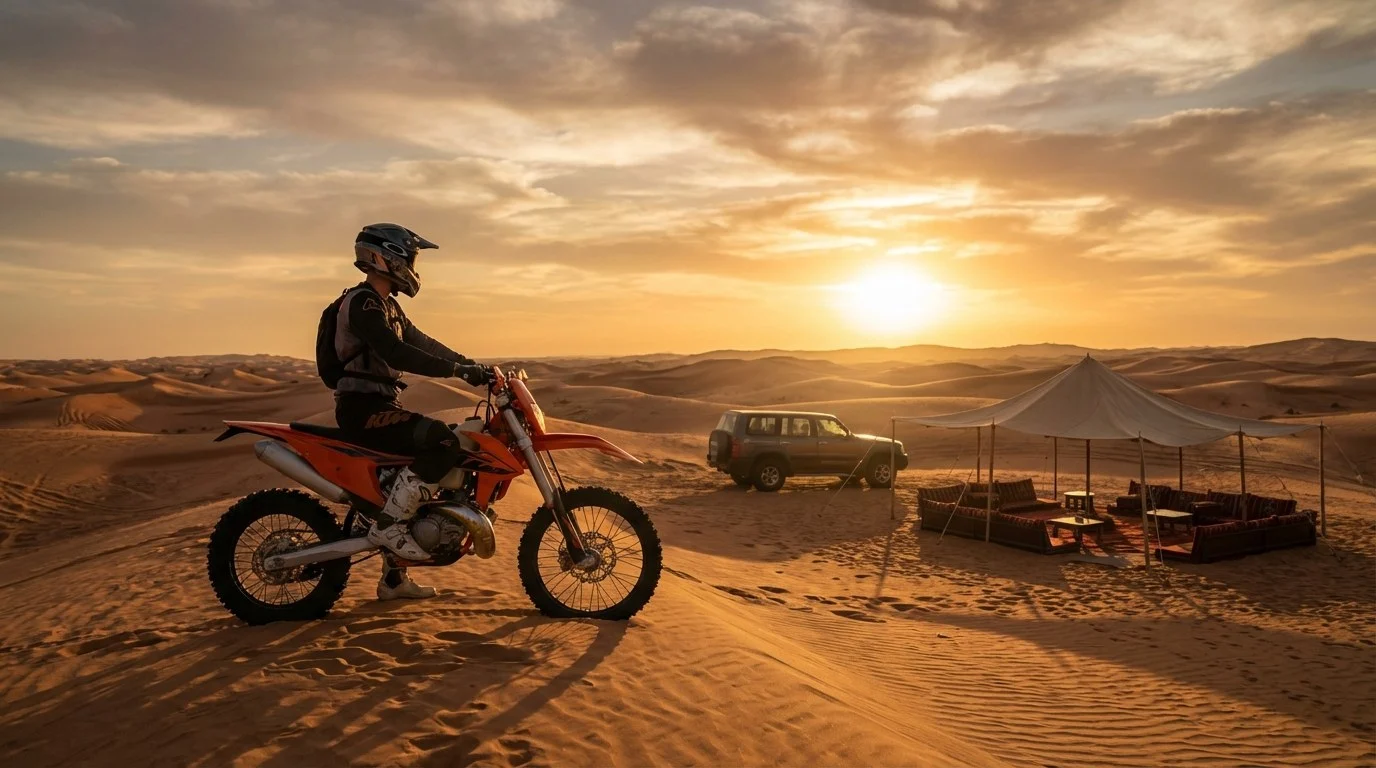 Tourists riding dirt bikes across the red dunes of Dubai's Lahbab desert at sunset, following a licensed guide.