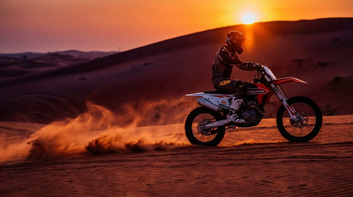 Advanced riders on KTM dirt bikes navigating challenging red dunes in Sharjah at sunset, kicking up sand