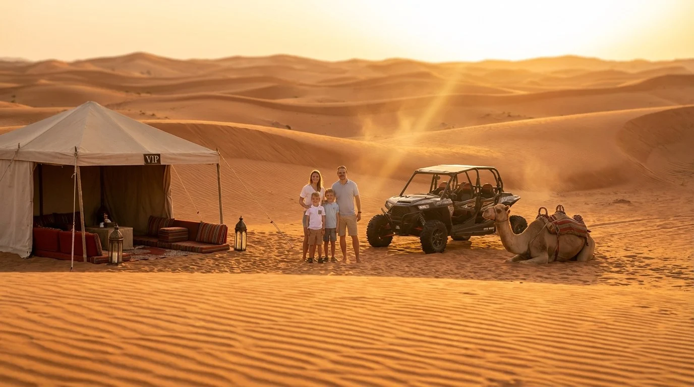 Tourists enjoying a desert safari in Ras Al Khaimah, with a 4x4 vehicle driving over red dunes at sunset, showcasing the scenic landscape.