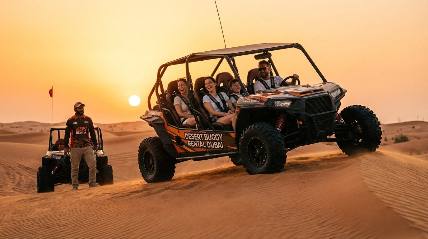 Families riding multi-seat dune buggies across the Lahbab Red Dunes in Sharjah during a guided desert tour at sunset