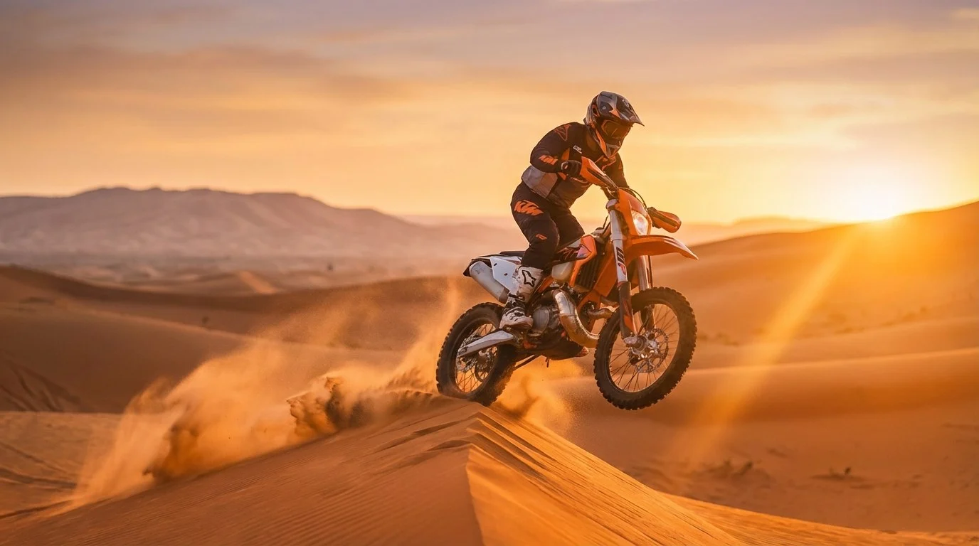 Advanced riders on KTM dirt bikes navigating challenging sand dunes in Sharjah, UAE, with a support vehicle in the background