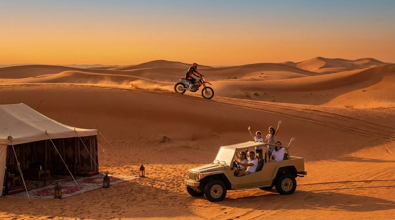 KTM dirt bikes lined up in the desert, ready for riders to explore the vast dunes of Abu Dhabi