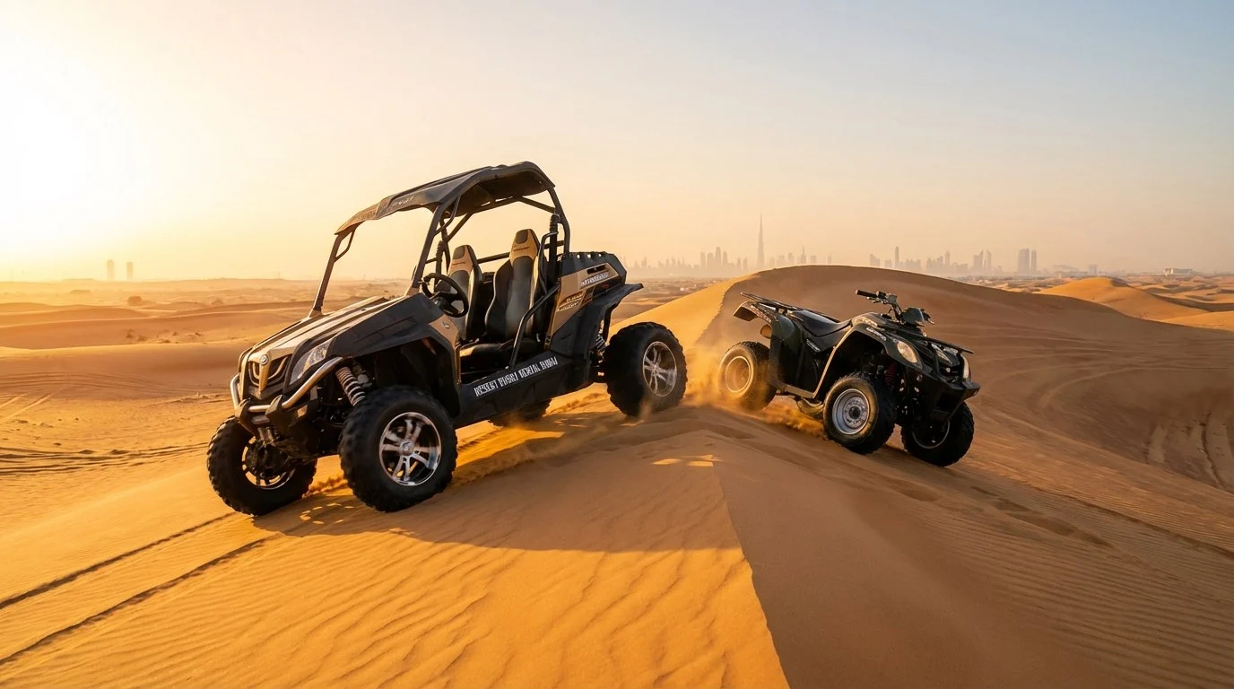 Tourists riding dune buggies and quad bikes across the red Lahbab desert dunes in Dubai at sunrise