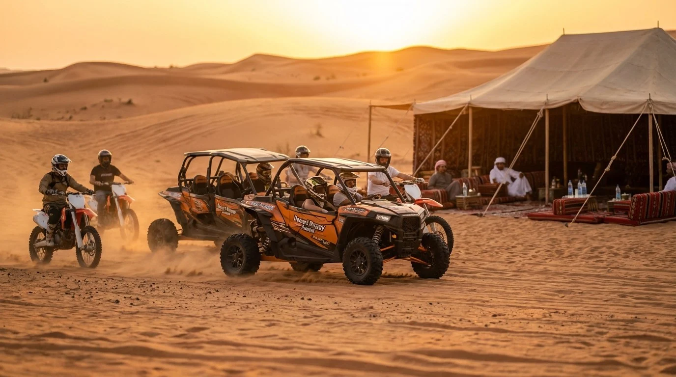 Families riding dirt bikes and dune buggies across the red Lahbab dunes with a support vehicle in the background at sunset