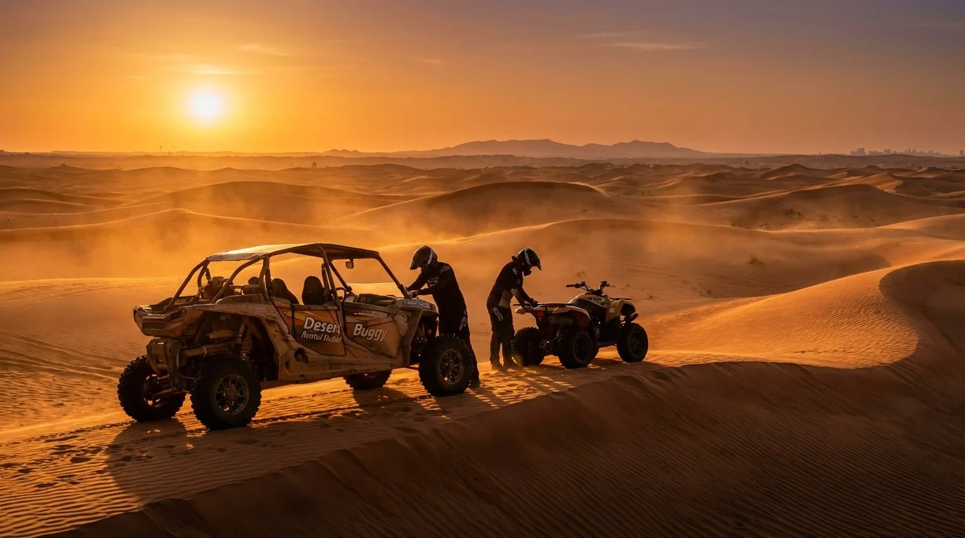 Tourists comparing quad bikes and dune buggies in the Dubai desert with red dunes in the background at sunset
