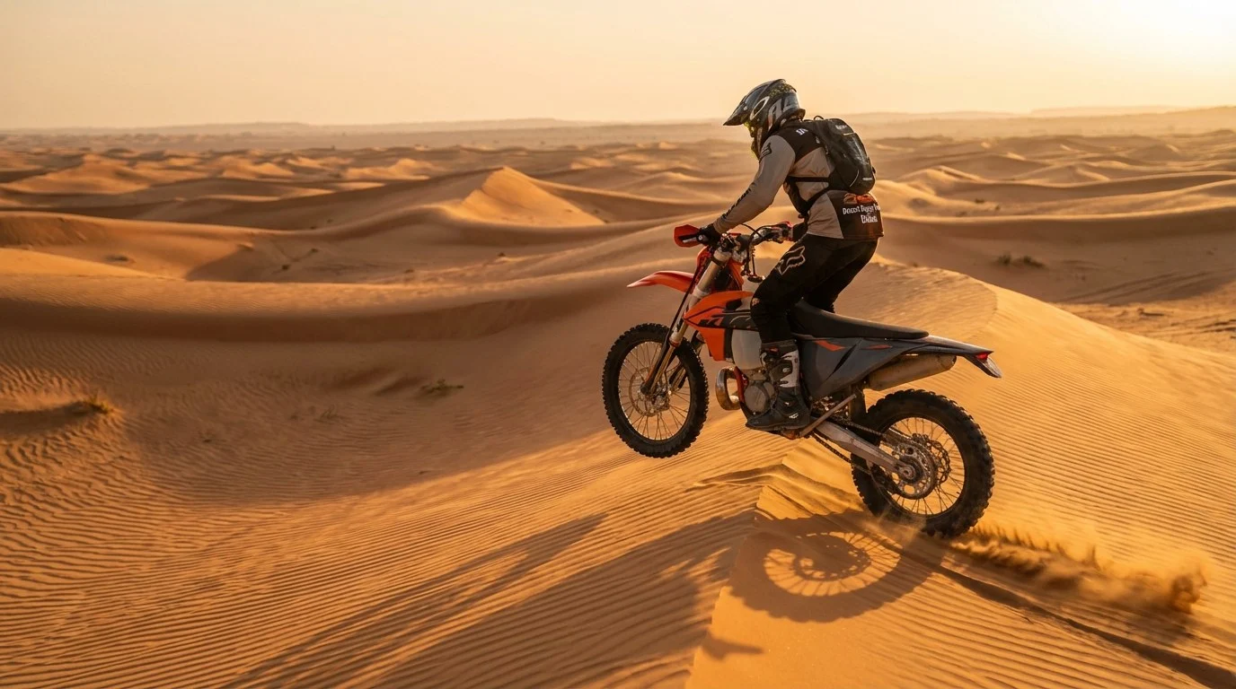 Advanced riders on KTM dirt bikes navigating challenging red dunes in the Sharjah desert, kicking up sand as they corner.