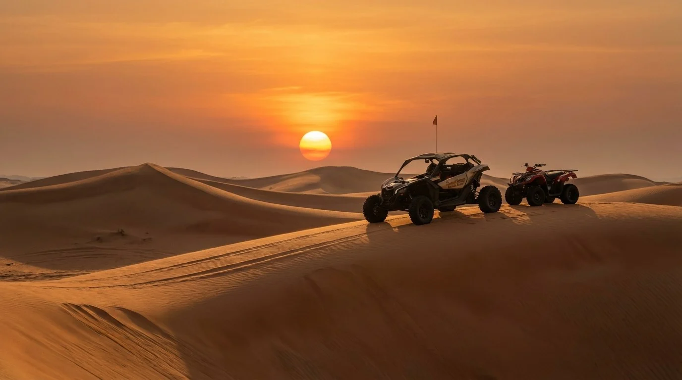 Tourists riding quad bikes and dune buggies across the red Lahbab Desert dunes during a morning safari in Sharjah, UAE