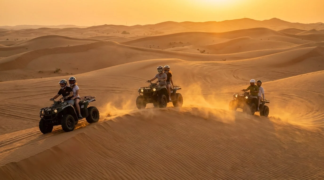 Tourists wearing helmets and goggles riding quad bikes across the sandy dunes of Sharjah's desert at sunset