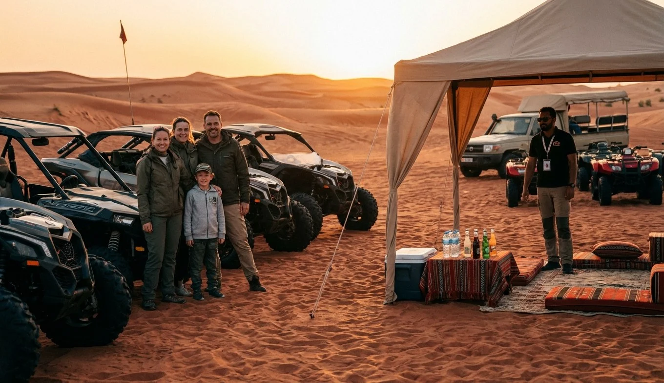Tourists riding quad bikes across red Dubai desert dunes at sunset, enjoying an adventure tour with friends and family