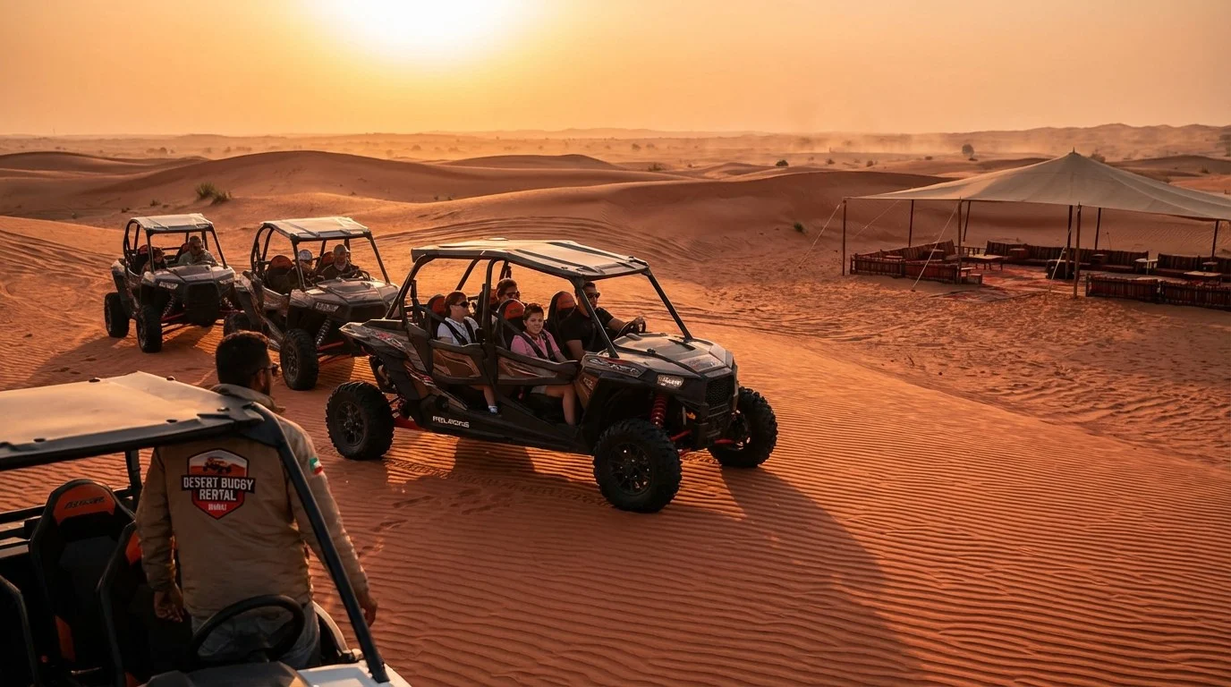 Tourists driving dune buggies across the red Lahbab Red Dunes in Sharjah during a golden-hour sunset session