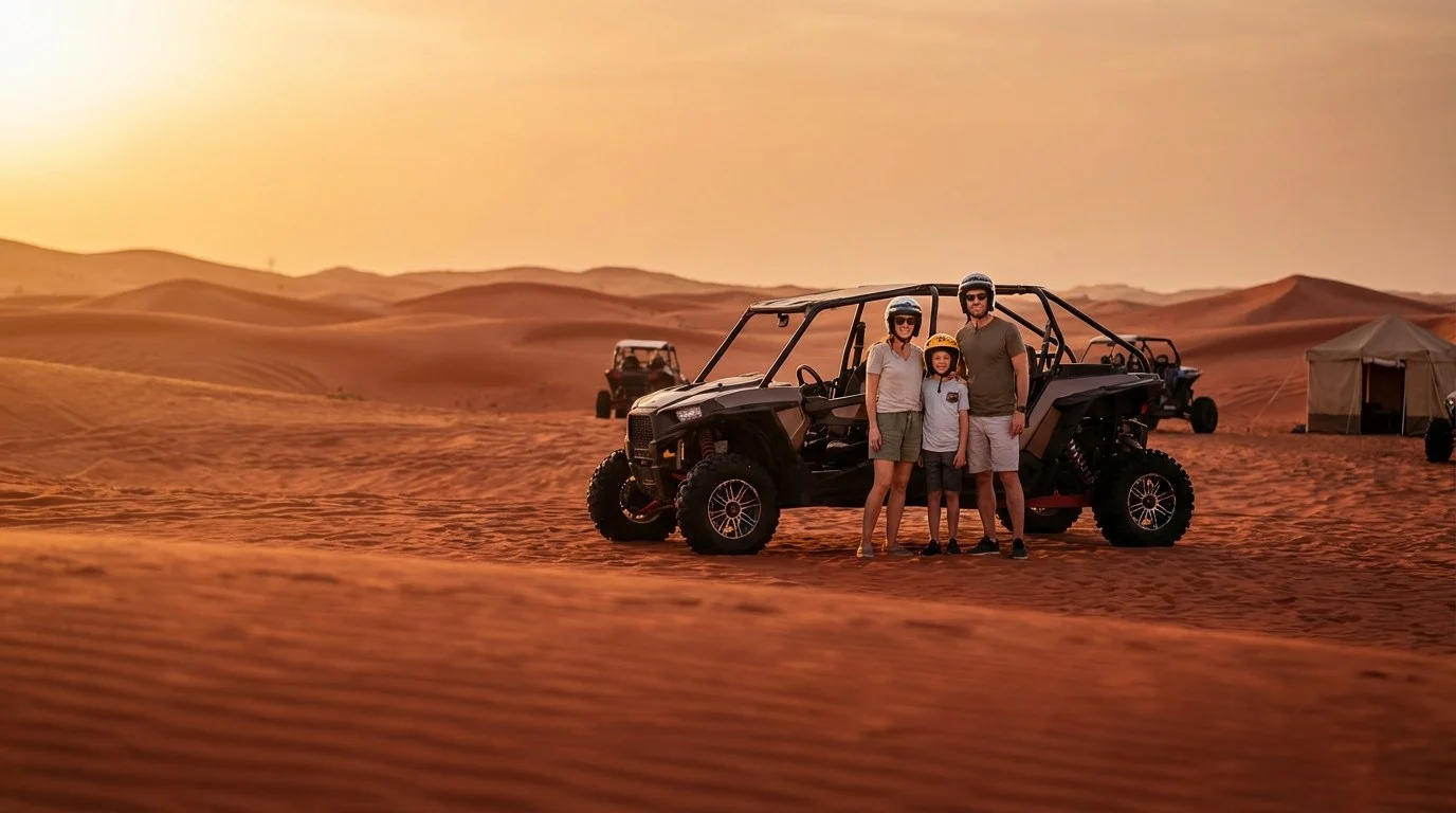 Tourists riding dune buggies across red Dubai dunes at sunset, ensuring a smooth and memorable desert adventure