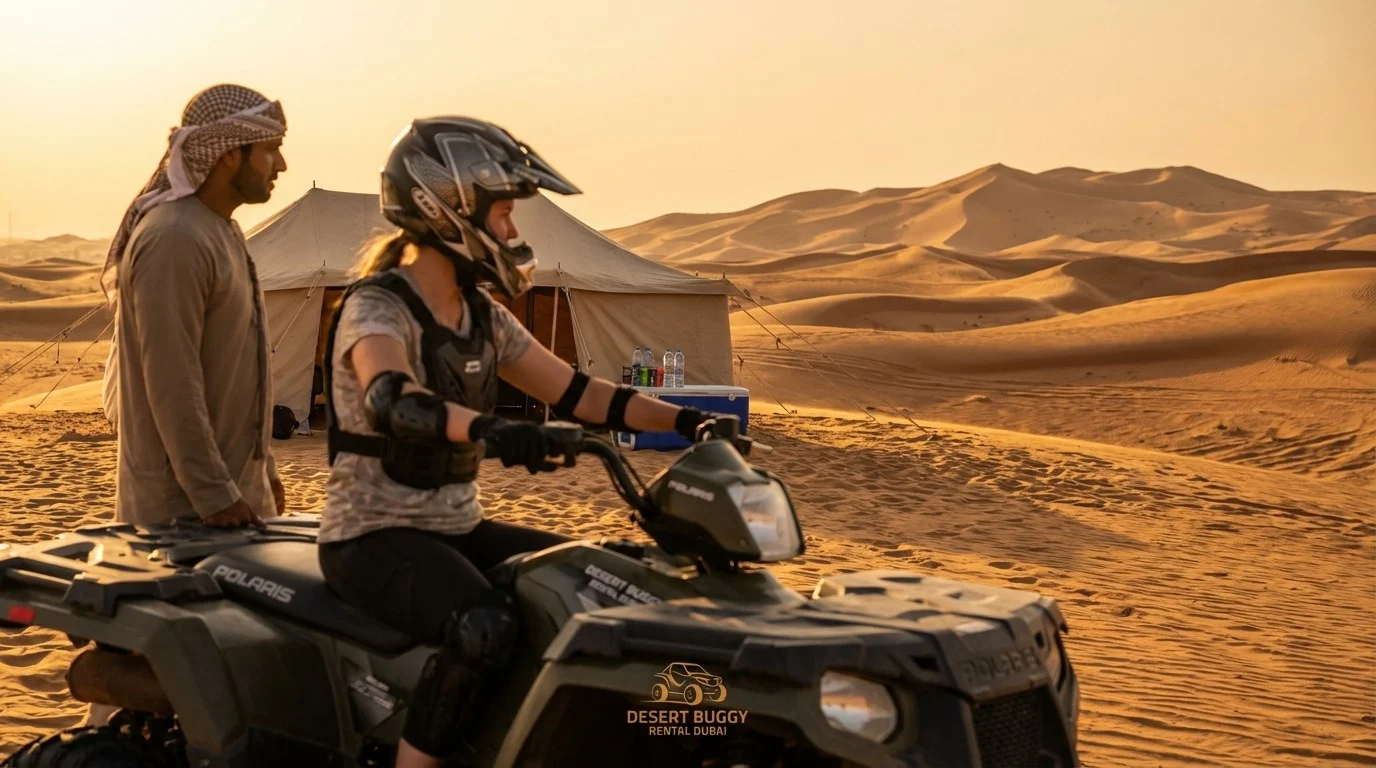 Tourists wearing helmets and safety gear, riding quad bikes across the desert dunes in Sharjah under a clear sky