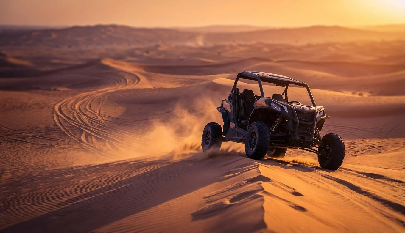 Tourists riding dune buggies and quad bikes across the Lahbab Red Dunes in Dubai at sunset, with a guide leading the convoy