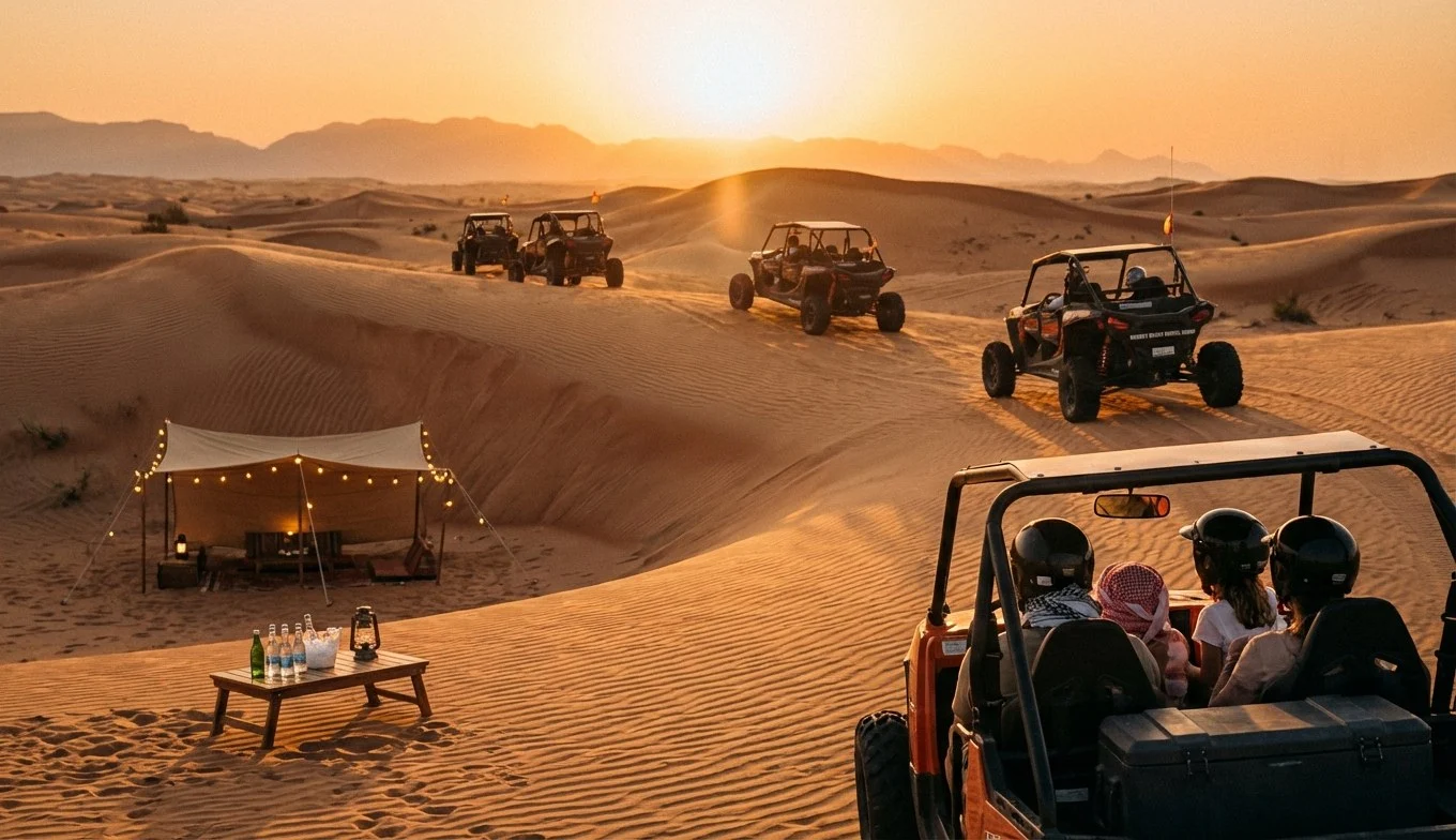 Tourists enjoying a desert safari with dune buggy rides and camel trekking in the quiet dunes of Ras Al Khaimah at sunset