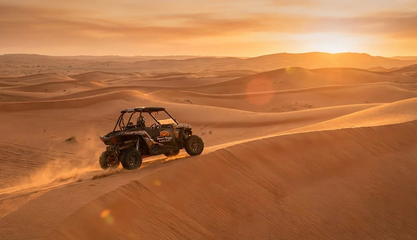 Tourists riding dune buggies across red Dubai dunes at sunrise, enjoying cooler air and firmer sand for an exhilarating experience