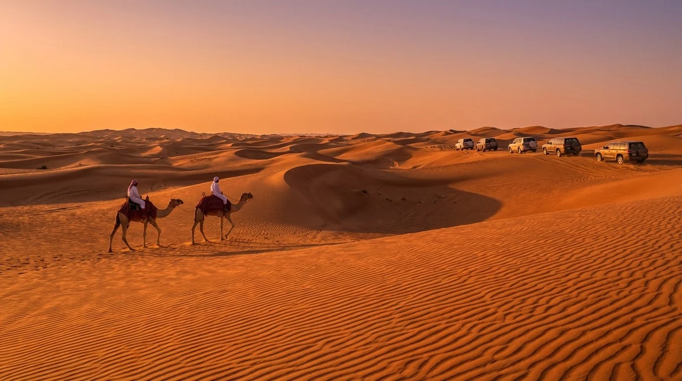 Tourists riding camels across the red dunes of Sharjah desert during a morning safari with clear skies