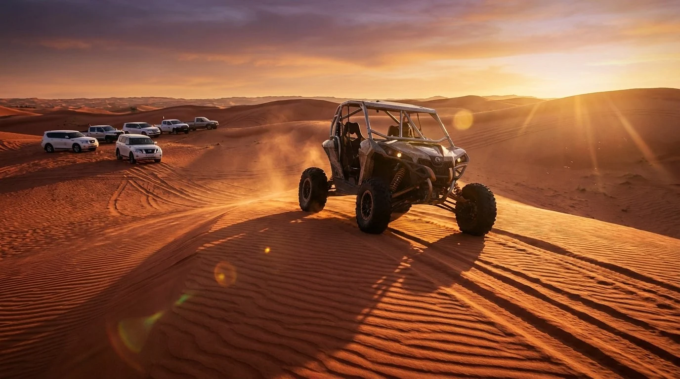 Tourists riding dune buggies across red Dubai dunes at sunset with a guide leading the convoy