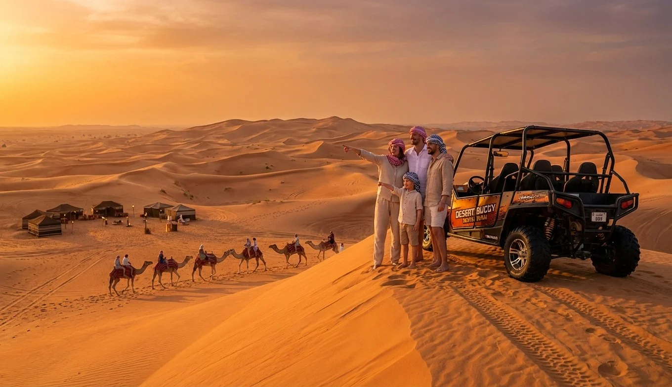 Tourists riding dune buggies across red Dubai dunes at sunset with a golden sky in the background