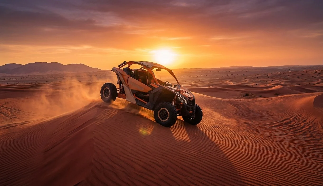 Tourists enjoying a vibrant evening desert safari in Dubai with a beautiful sunset backdrop and dune buggies