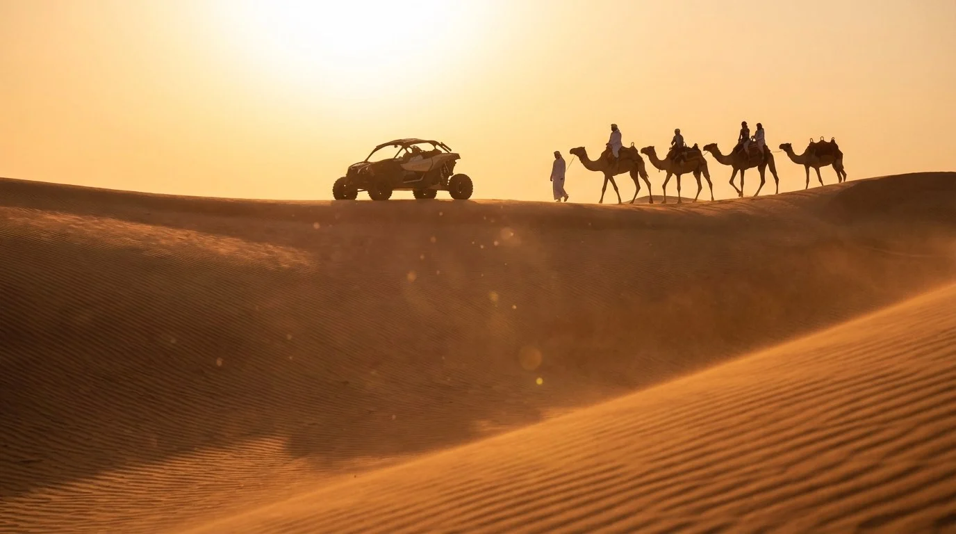 Tourists enjoying a desert safari in Sharjah, with a 4x4 vehicle driving on the dunes and people sandboarding