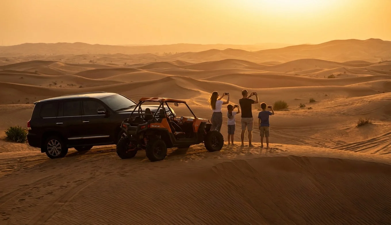 Families riding in a private SUV across the vast, golden dunes of the Abu Dhabi desert during a safari at sunset