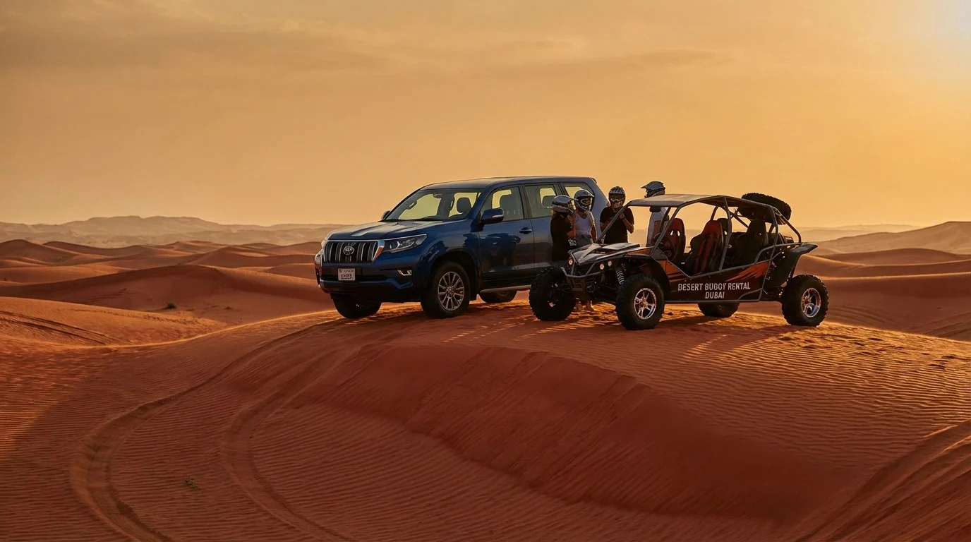 Tourists enjoying a morning safari in Ras Al Khaimah, with a 4x4 vehicle driving across red desert dunes under a clear sky.