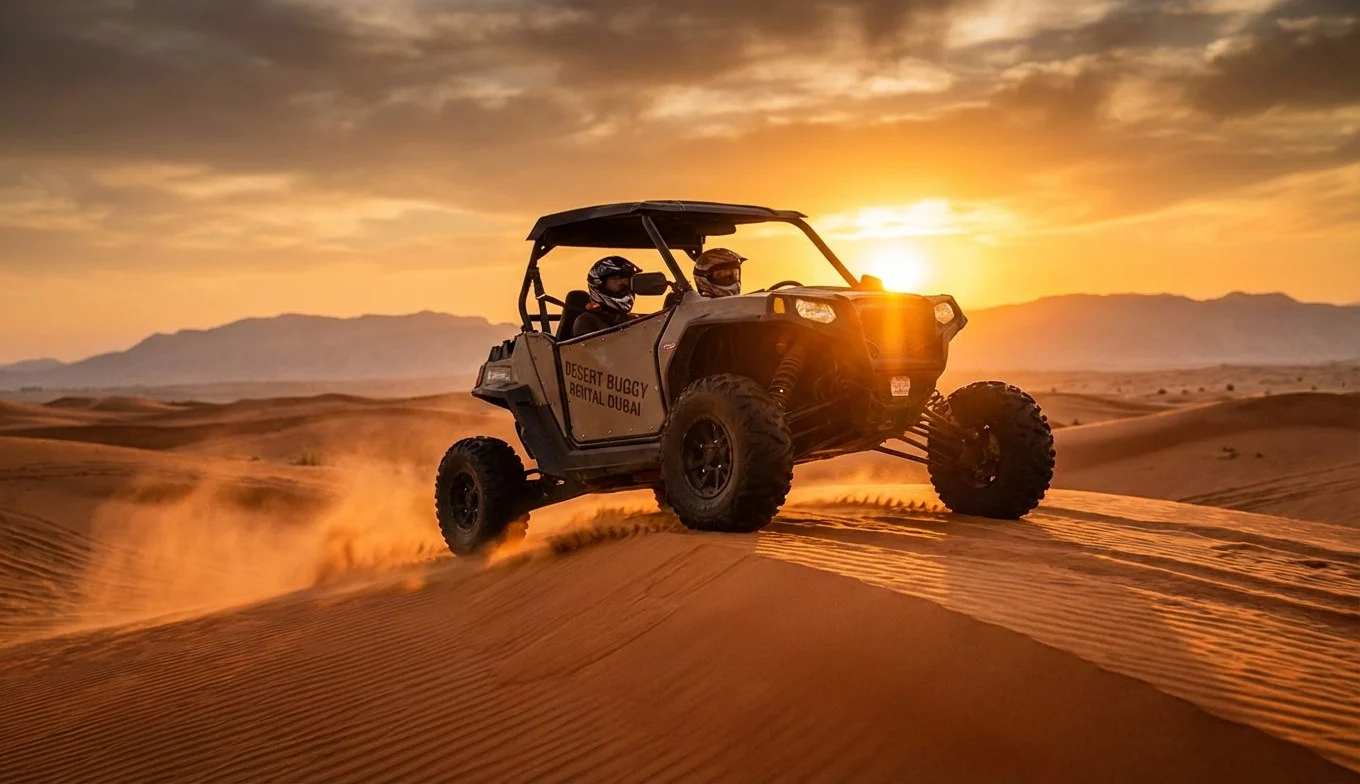 Tourists riding dune buggies across red Dubai dunes at sunset, enjoying a guided desert experience with family and friends.