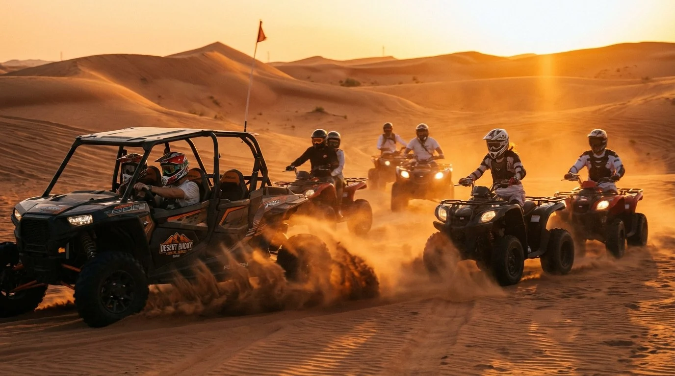 Tourists riding quad bikes across the red dunes of Sharjah desert at sunset with a guide leading the way