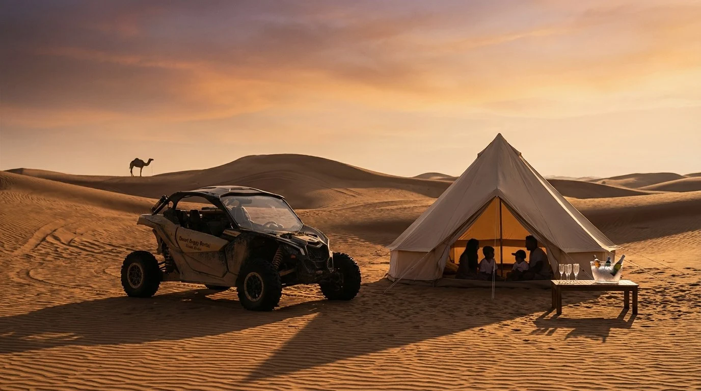 A family enjoying a desert safari in Abu Dhabi, with a dune buggy in the foreground and vast, quiet sand dunes stretching into the distance under a