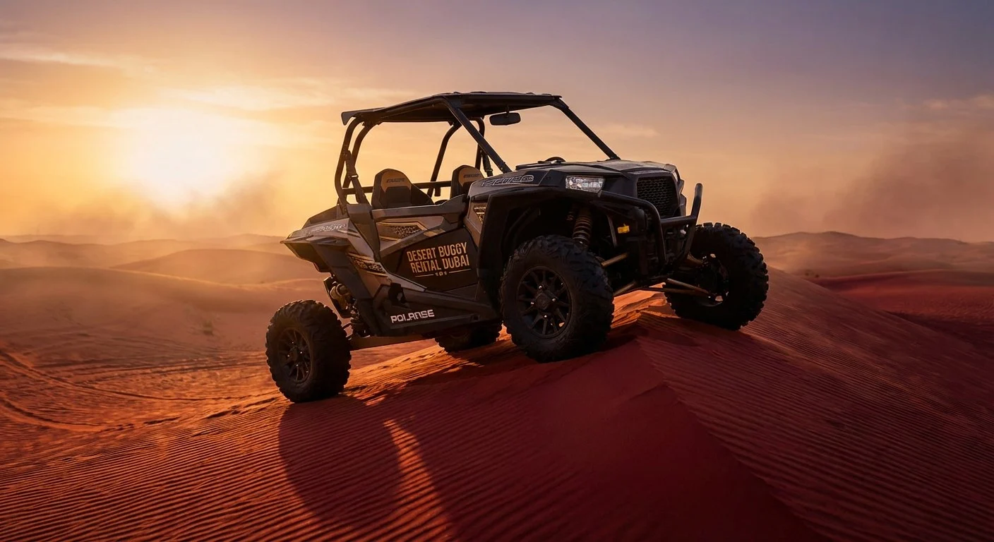 Tourists driving dune buggies in a convoy across the vast red Lahbab desert dunes under a clear blue sky in Dubai
