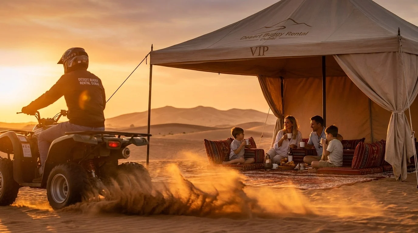 Tourists riding quad bikes across red Dubai dunes at sunset, with one rider initially looking nervous but now smiling confidently