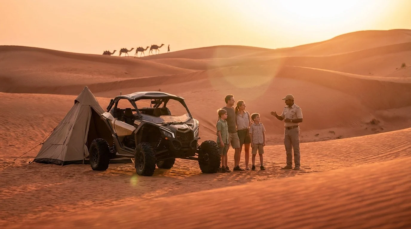 Family enjoying a desert safari in Sharjah, with children smiling in a 4x4 vehicle during a dune bashing experience