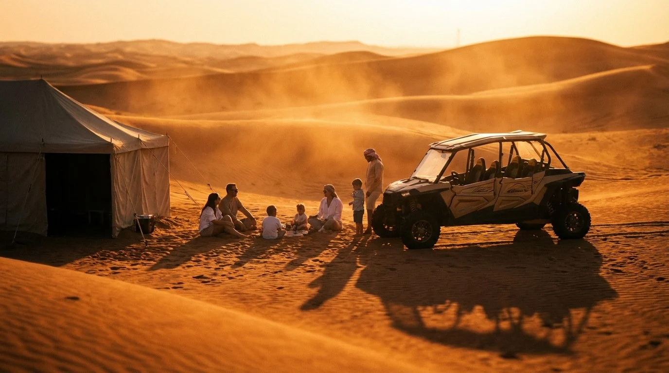 Tourists enjoying a scenic sunset view over the dramatic red dunes of Lahbab during an evening safari in Abu Dhabi